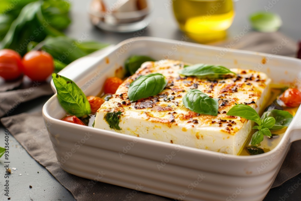 Baked feta cheese with fresh basil, embodying a rustic and delicious Mediterranean cuisine concept with a focus on simplicity and rich flavors. Baked feta cheese with fresh basil, embodying a rustic and delicious Mediterranean cuisine concept with a focus on simplicity and rich flavors.