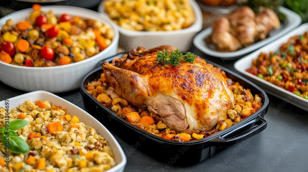 Holiday meal prep with a variety of dishes, focus on Thanksgiving cooking and togetherness, bustling kitchen Holiday meal prep with a variety of dishes, focus on Thanksgiving cooking and togetherness, bustling kitchen