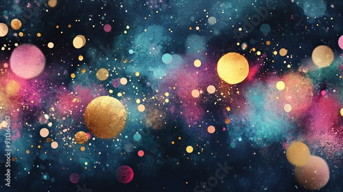 A painting of a galaxy with many colorful stars and a large gold star