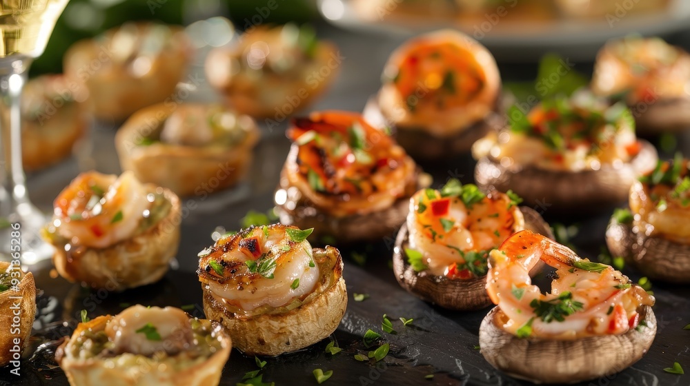 Envision a sophisticated cocktail party with an array of hors d'oeuvres like stuffed mushrooms, mini quiches, and shrimp cocktail. Envision a sophisticated cocktail party with an array of hors d'oeuvres like stuffed mushrooms, mini quiches, and shrimp cocktail.