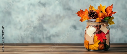 Thanksgiving gratitude jar with notes, focus on holiday reflection and family connection, peaceful home setting