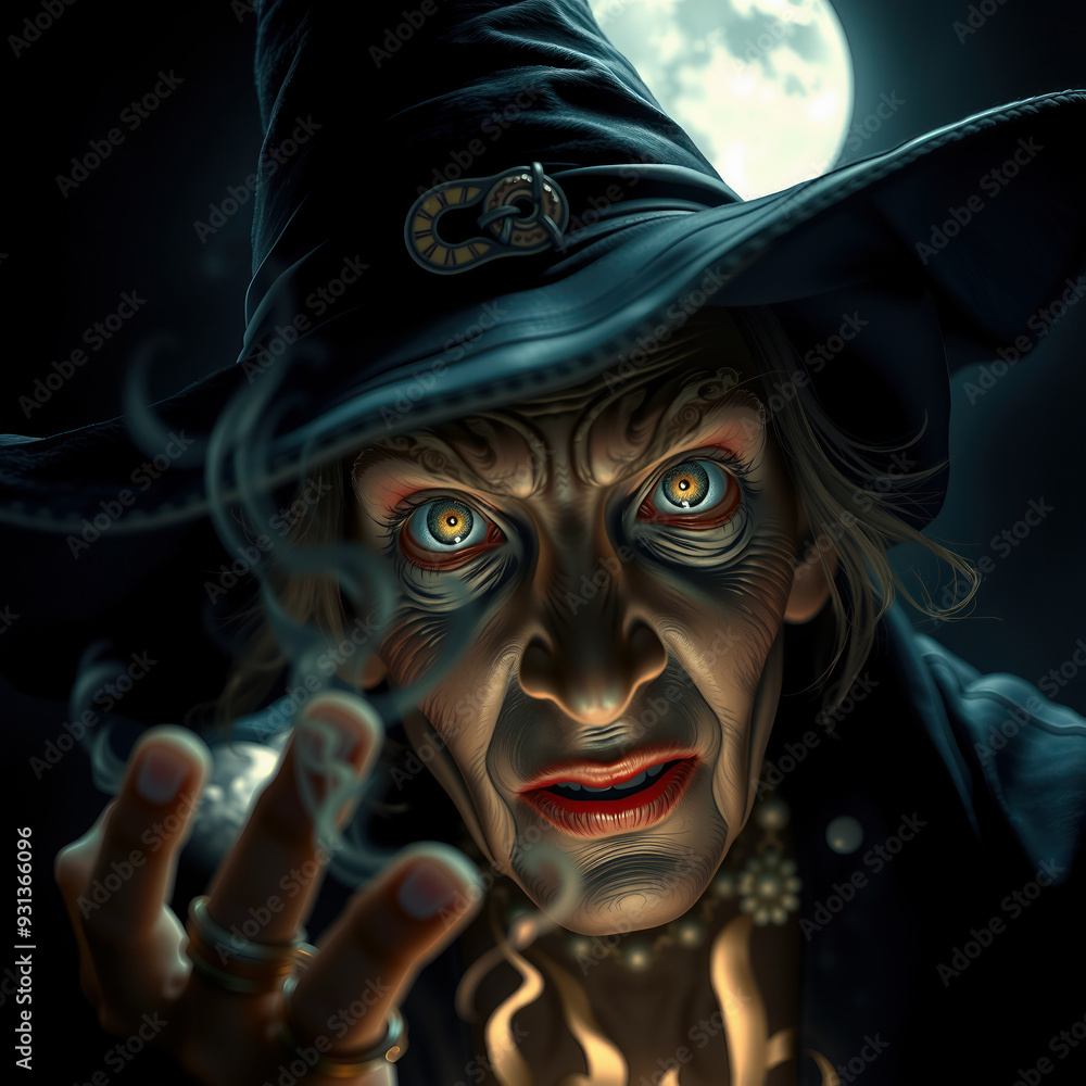 Witch with glowing eyes under a full moon. Witch with glowing eyes under a full moon.