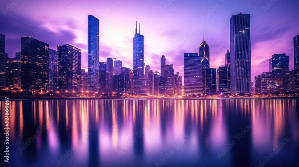 Obraz premium A vibrant city skyline at dusk reflecting on water.