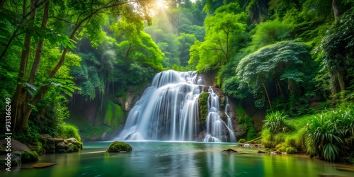 A beautiful waterfall surrounded by lush greenery in the forest, waterfall, forest, nature, scenery