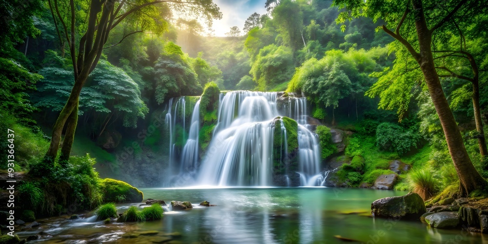 A beautiful waterfall surrounded by lush greenery in the forest, waterfall, forest, nature, scenery A beautiful waterfall surrounded by lush greenery in the forest, waterfall, forest, nature, scenery