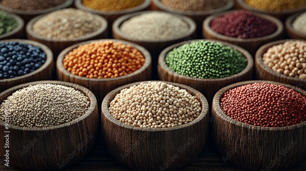 Assortment of Grains in Wooden Bowls. Assortment of Grains in Wooden Bowls.