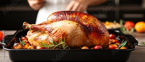 Thanksgiving turkey being roasted, focus on holiday cooking and meal prep, warm kitchen environment photo