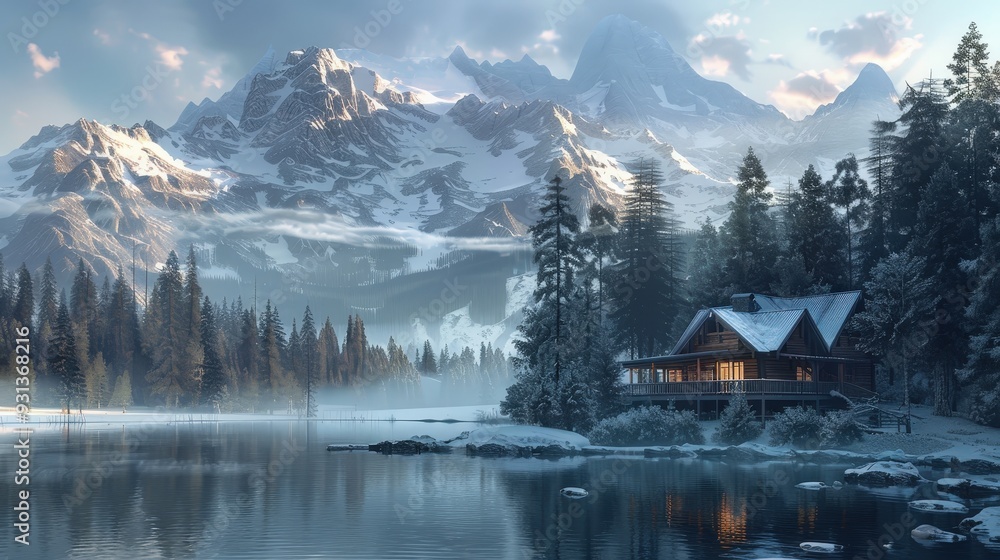 Explore a serene mountain retreat rendered in 3D Explore a serene mountain retreat rendered in 3D