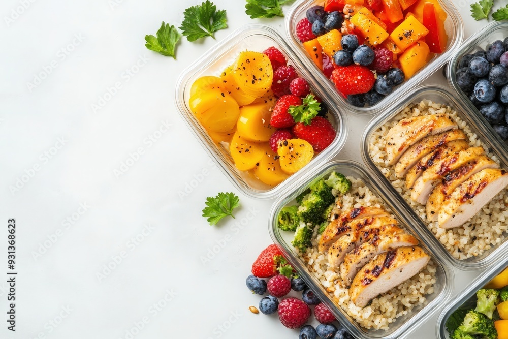 Colorful meal prep containers showcase an array of fresh fruits and grilled chicken, perfect for nutritious eating on the go. Colorful meal prep containers showcase an array of fresh fruits and grilled chicken, perfect for nutritious eating on the go.