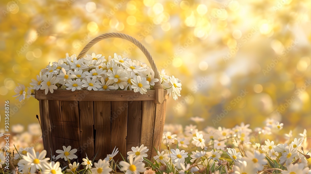 White flowers in wooden basket on yellow spring background 3D Rendering. White flowers in wooden basket on yellow spring background 3D Rendering.