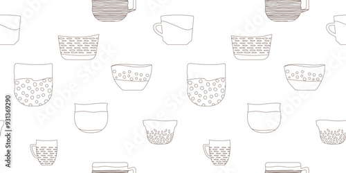 Vector hand drawn seamless pattern for ceramic studio or ceramics school design. Ceramic linear cups, bowls and mugs on a white background.