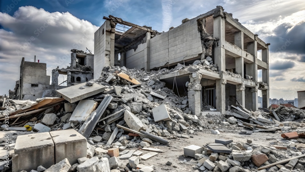 Destroyed building rubble in shades of concrete gray, debris, urban decay, destruction, architecture, wreckage, broken, rubble Destroyed building rubble in shades of concrete gray, debris, urban decay, destruction, architecture, wreckage, broken, rubble