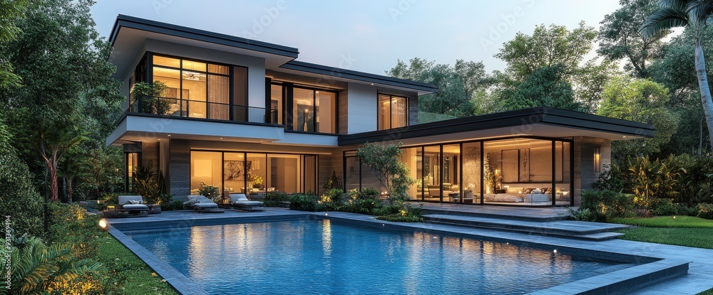 Luxury Home With Poolside View, Sleek Architecture, Nighttime Elegance, 3D Render