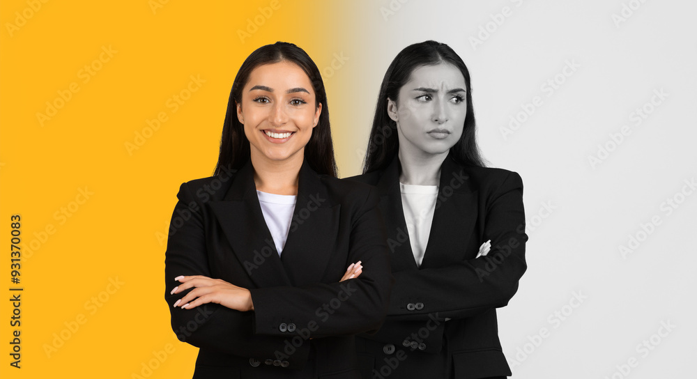 A businesswoman stands confidently with arms crossed on one side, showcasing a cheerful expression. On the opposite side, her demeanor shifts to a more serious and contemplative look A businesswoman stands confidently with arms crossed on one side, showcasing a cheerful expression. On the opposite side, her demeanor shifts to a more serious and contemplative look