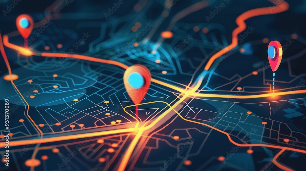 Fototapeta premium Dynamic routes and colorful lines overlay a stylized map, symbolizing connectivity and navigation for logistics and transportation solutions. Generative AI