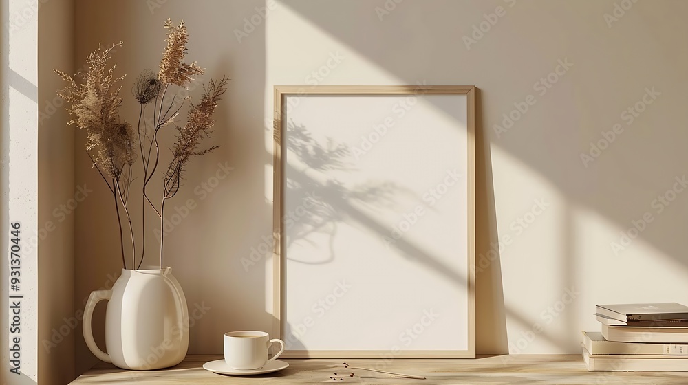 Empty wooden picture frame mockup hanging on beige wall background Boho shaped vase dry flowers on table Cup of coffee old books Working space home office Art poster display Modern int : Generative AI Empty wooden picture frame mockup hanging on beige wall background Boho shaped vase dry flowers on table Cup of coffee old books Working space home office Art poster display Modern int : Generative AI