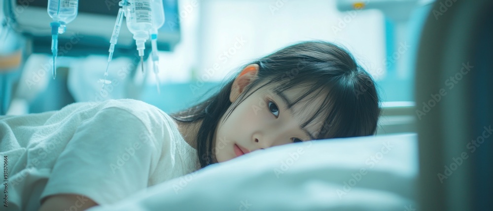 Young Woman Lying in Hospital Bed with IV Drip in the Background Young Woman Lying in Hospital Bed with IV Drip in the Background