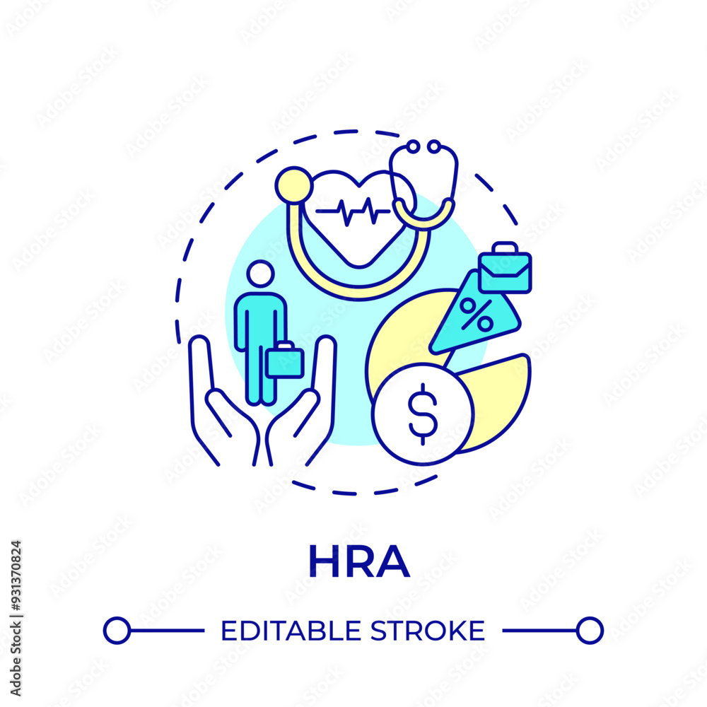 HRA multi color concept icon. Health reimbursement arrangement. Employee health care. Job benefit. Round shape line illustration. Abstract idea. Graphic design. Easy to use in booklet HRA multi color concept icon. Health reimbursement arrangement. Employee health care. Job benefit. Round shape line illustration. Abstract idea. Graphic design. Easy to use in booklet