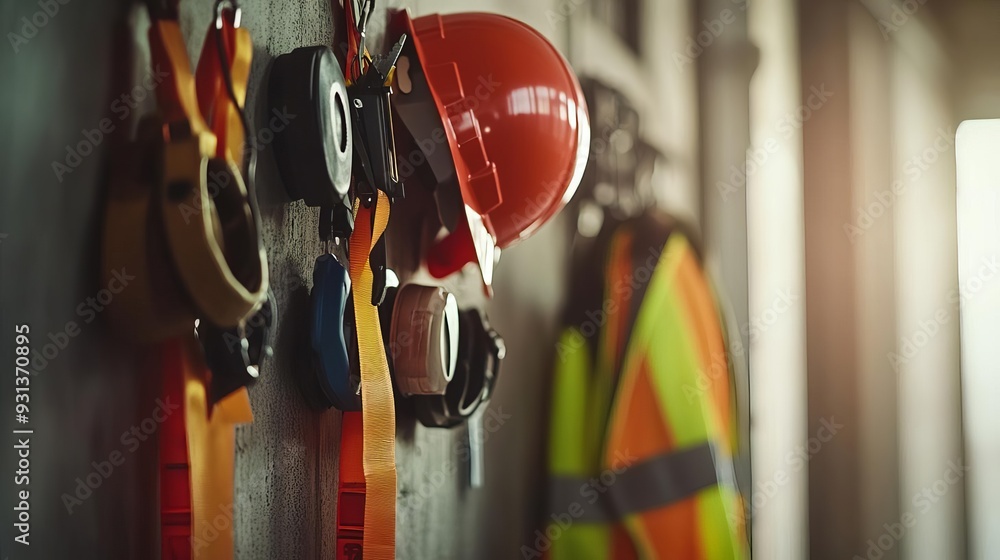 custom made wallpaper toronto digitalCloseup of safety gear hanging on a wall, hard hat and highvis vest, no people, Labor Day, workplace safety