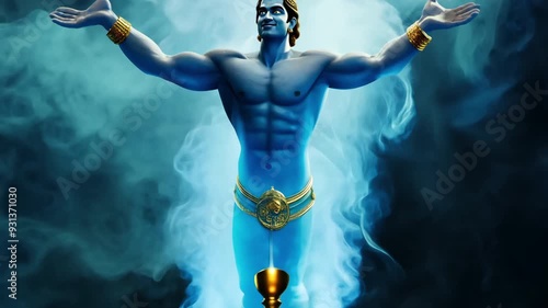 Magic Aladdin lamp. Gold magical oil lamp summon, control a wish granting Genie. Handsome blue powerful servant. Man emerges from ancient golden vessel ready to serve, grant wishes. Kid fairy tale.