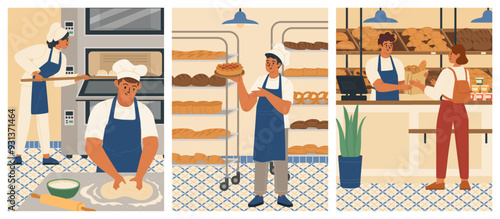 Bakers working at bakehouse vector scene set