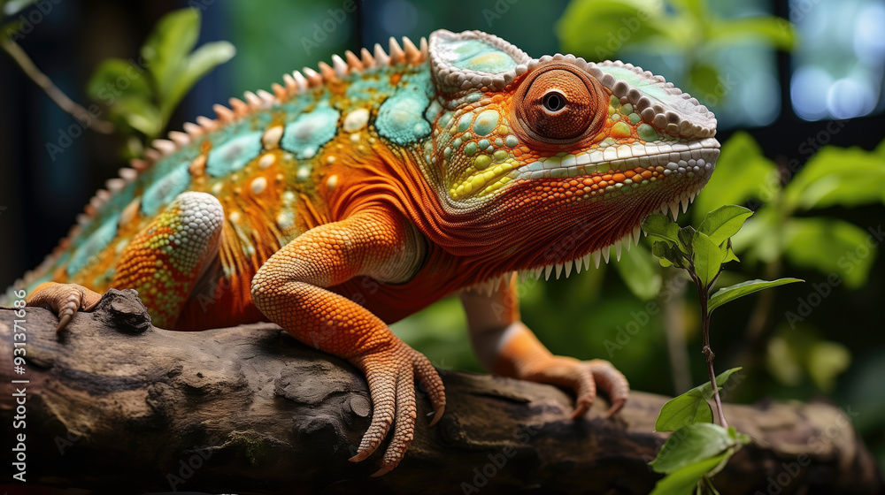 Colorful chameleon perched on a branch in lush greenery Colorful chameleon perched on a branch in lush greenery