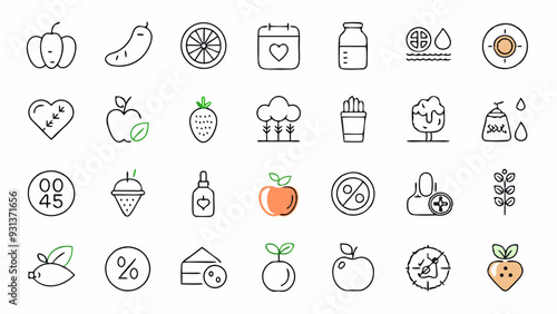 Nutrition set of web icons in line style. Healthy food linear icon collection. Containing food, vegetables, water, palm oil free, сaunt calories, zero trans fat, probiotics and more. Editable stroke.