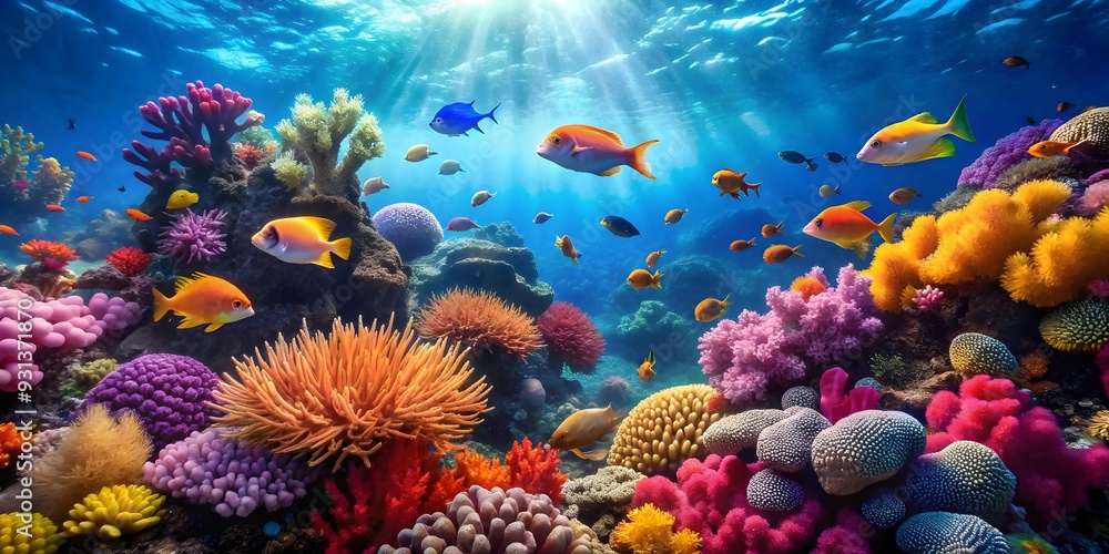 Vibrant underwater scene of a colorful reef with diverse marine life swimming among coral formations, marine life, colorful, diverse Vibrant underwater scene of a colorful reef with diverse marine life swimming among coral formations, marine life, colorful, diverse