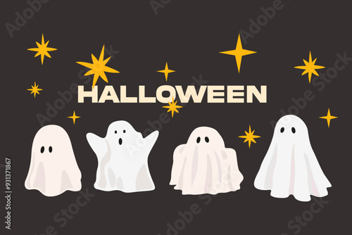 Happy Halloween day. Spooky season illustration on a black background with inscription. A set of cute ghosts in different poses, human skull with candle and human lower jaw with gold teeth
