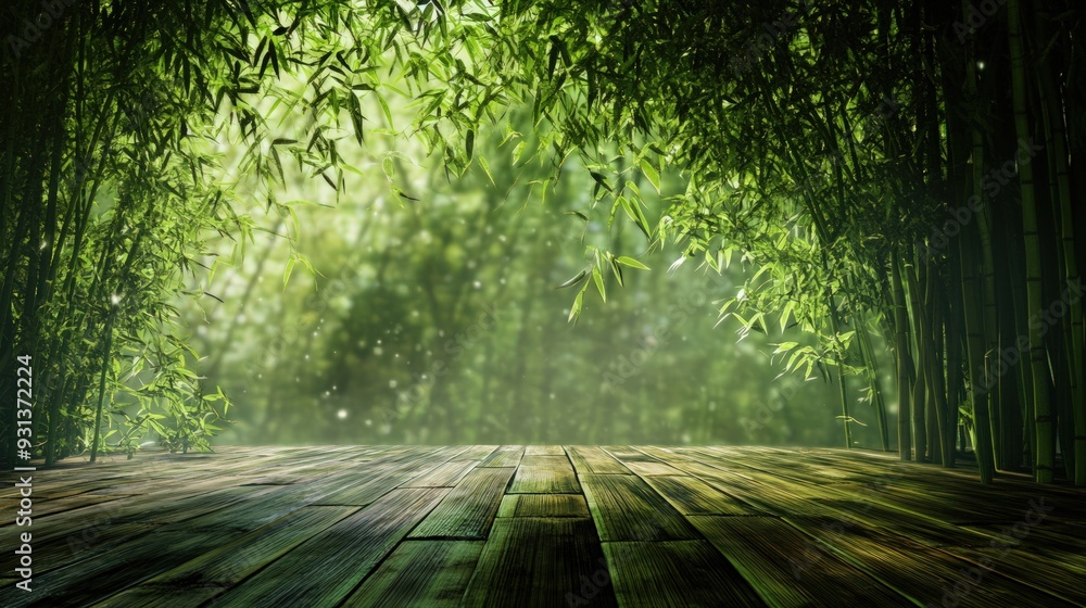 Fototapeta premium Wooden plank floor in a bamboo forest with green bokeh background.