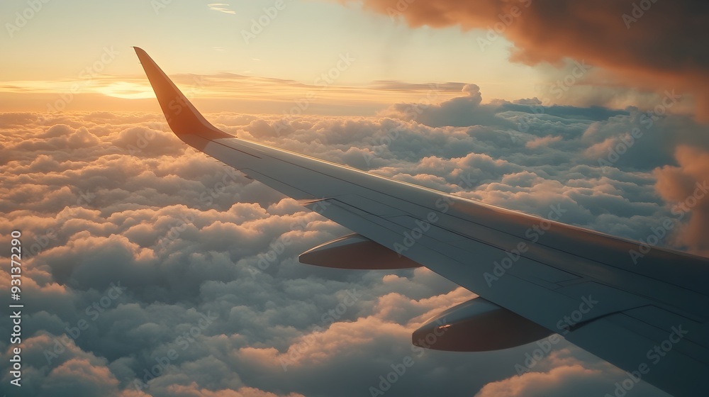 Obraz premium Airplane Wings Cutting Through Clouds in the Sky