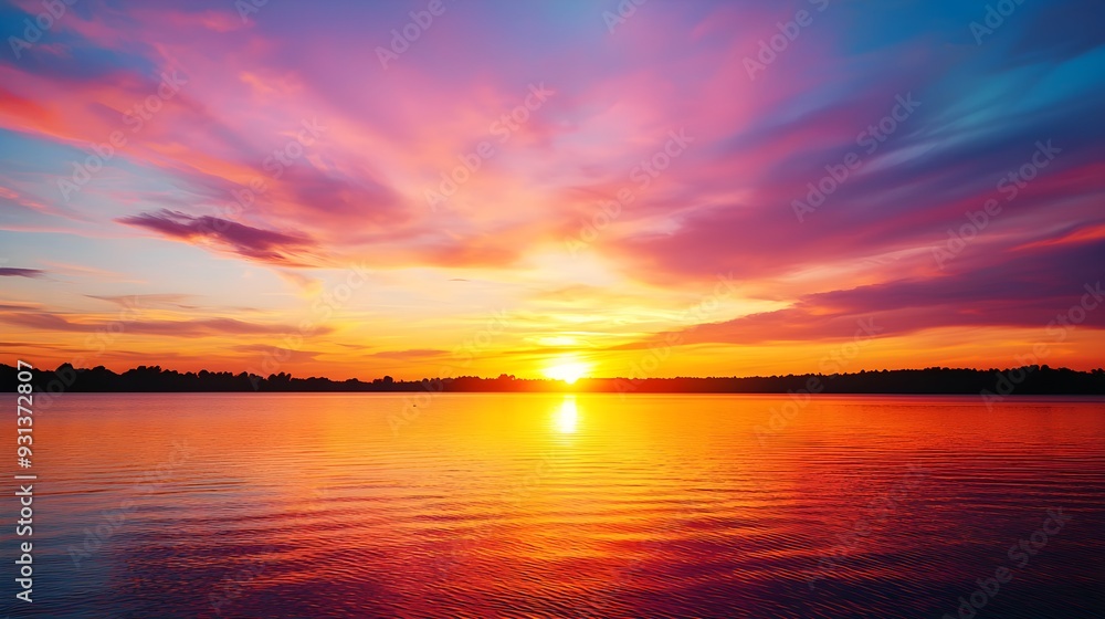 Breathtaking view of a sunset over a serene lake, with the sky ablaze in shades of orange, pink, and purple reflecting on the calm water Breathtaking view of a sunset over a serene lake, with the sky ablaze in shades of orange, pink, and purple reflecting on the calm water
