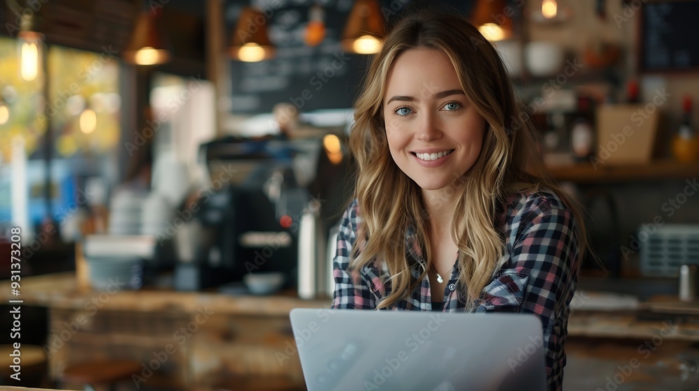 Fototapeta premium Happy woman portrait and cafe with laptop for small business management or startup Female person owner or entrepreneur with smile on computer for online service or connectivity at coff : Generative AI