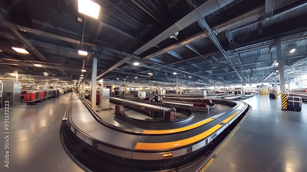 Bustling Airport Baggage Handling Area with Conveyor Belts and Moving Luggage Bustling Airport Baggage Handling Area with Conveyor Belts and Moving Luggage