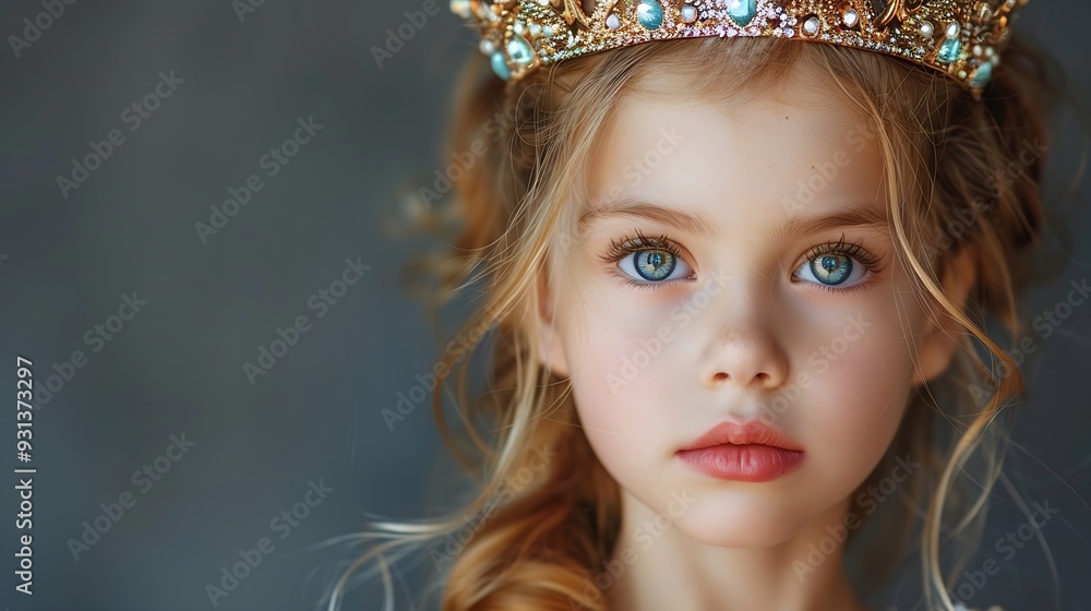 Fototapeta premium Egoistic girl wear luxury jewelry crown grey background copy space reward Child queen princess in crown horizontal poster design Banner header copy space : Generative AI
