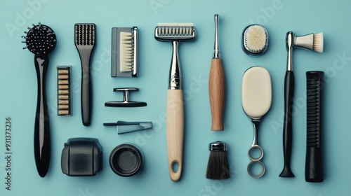 infographic photography, knolling different shaving tools components 