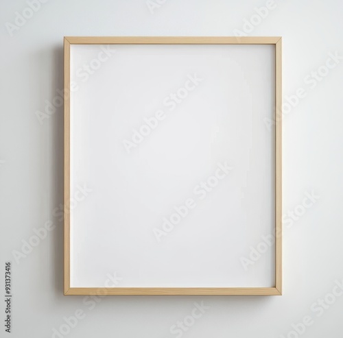 A blank white picture frame hanging on the wall, simple background, light wood color, thin wooden frame, no decoration, mock-up style