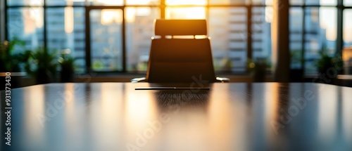 Elegant, shiny desk standing alone in the middle of an open office space, emphasizing its importance and the executive status it represents photo