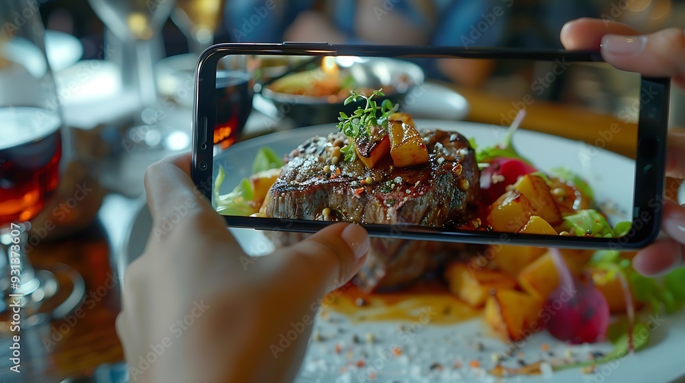Woman makes mobile phone photo of baked beef meat in luxury restaurant Smartphone food photography of fine food dinner Woman hands taking phone photo of food in trendy style for social : Generative AI Woman makes mobile phone photo of baked beef meat in luxury restaurant Smartphone food photography of fine food dinner Woman hands taking phone photo of food in trendy style for social : Generative AI