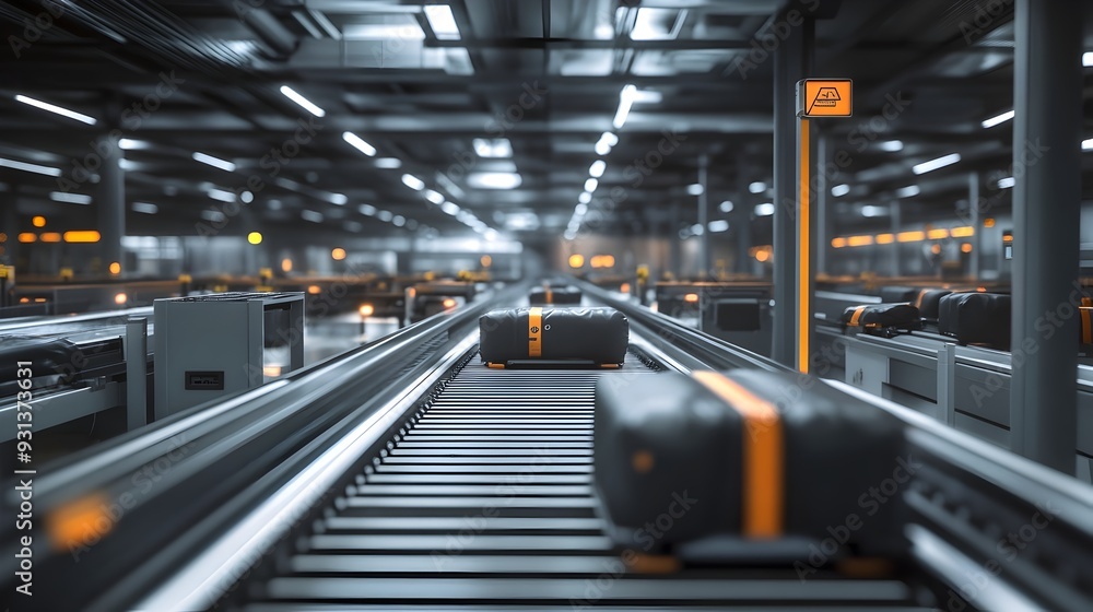Bustling Baggage Handling Area with Conveyor Belts and Moving Luggage at Airport Bustling Baggage Handling Area with Conveyor Belts and Moving Luggage at Airport