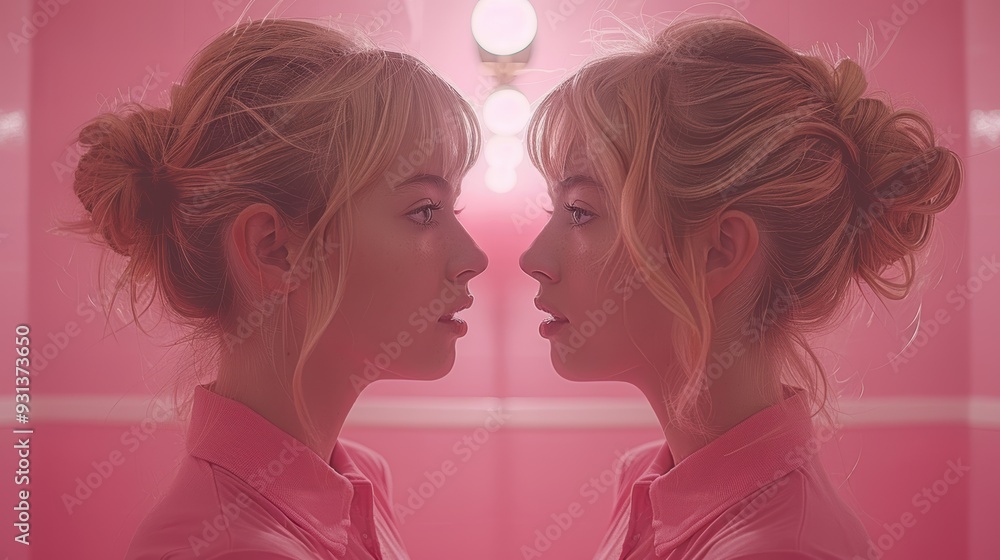 Two women with similar hairstyles and outfits facing each other in a pink-lit room during a stylish photoshoot Two women with similar hairstyles and outfits facing each other in a pink-lit room during a stylish photoshoot