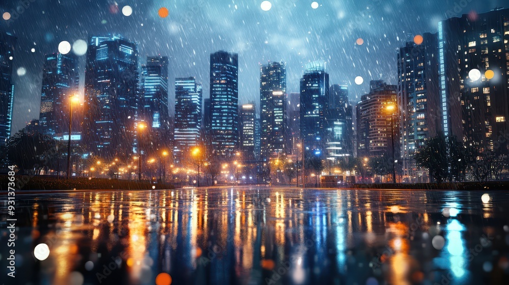 A vibrant city skyline illuminated at night with rain and reflections on the ground. A vibrant city skyline illuminated at night with rain and reflections on the ground.