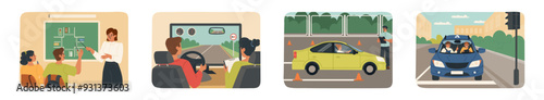 Different stages of education on driving lessons at school scene set