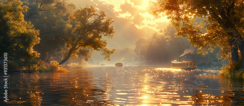 Peaceful River Landscape with a Passing Paddle Steamer during Serene Autumn Sunset