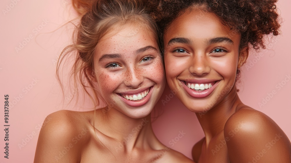 Two young women smiling joyfully against a soft pink background during a bright afternoon Two young women smiling joyfully against a soft pink background during a bright afternoon