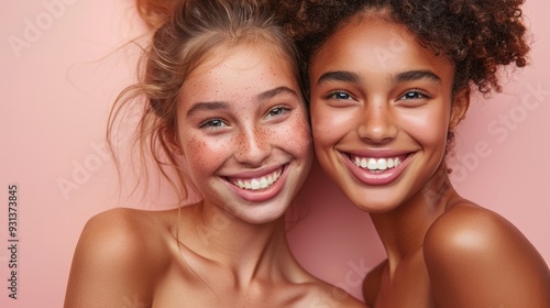 Two young women smiling joyfully against a soft pink background during a bright afternoon