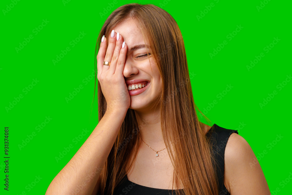 Young Woman Laughing and Covering Face With Hand Against Green Screen Young Woman Laughing and Covering Face With Hand Against Green Screen