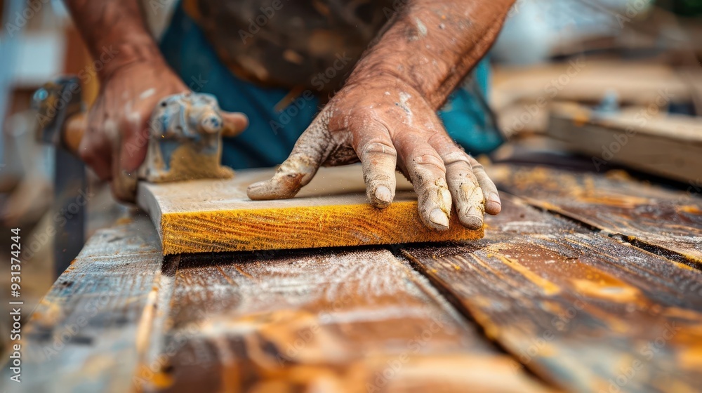 Closeup of a carpenter's hand sanding a piece of wood on Labor Day Closeup of a carpenter's hand sanding a piece of wood on Labor Day