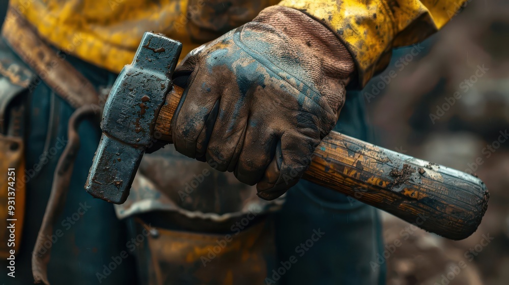 Closeup of a construction worker's hands holding a hammer on Labor Day Closeup of a construction worker's hands holding a hammer on Labor Day