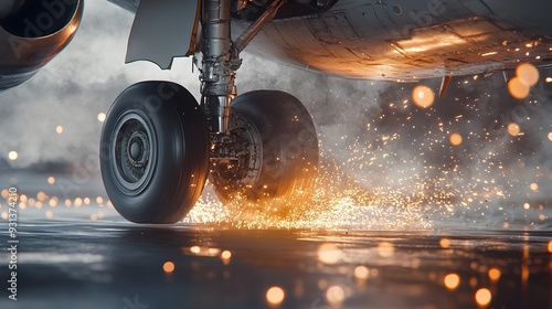 Close up of Airplane s Landing Gear During Touchdown with Sparks Flying photo